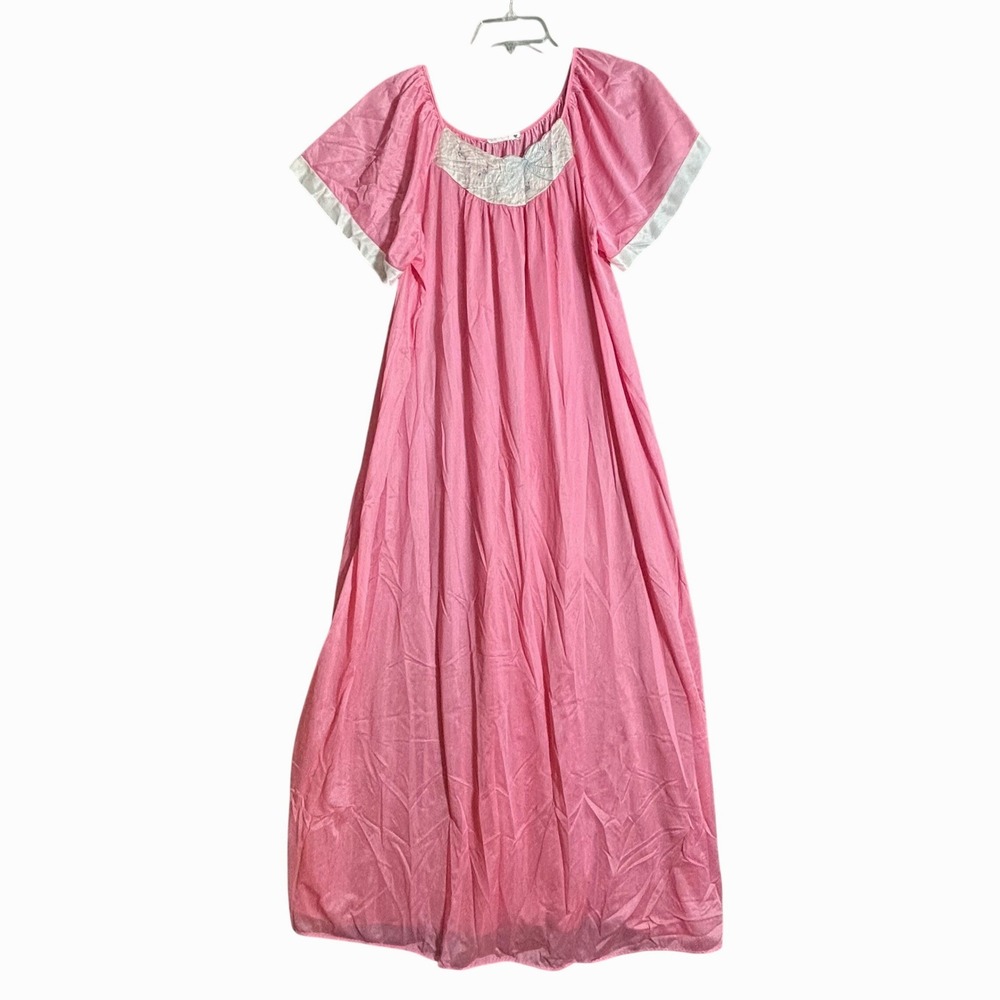 Vintage Sears Pink Nylon Nightgown Embroidered Bow Maxi Sleepwear USA One Size